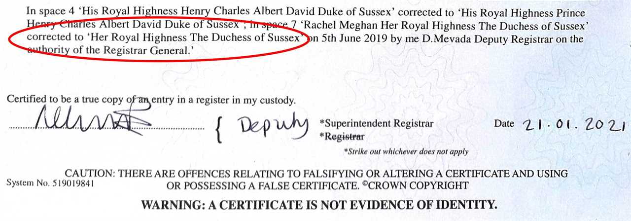 The typed section in this extract from Archie's birth certificate confirms that Meghan has taken the unprecedented action of removing her first names 