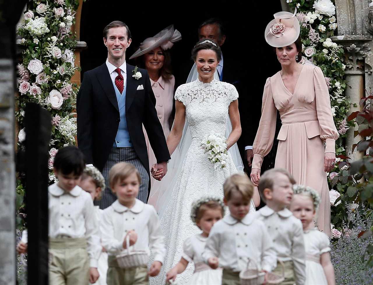 Pippa Middleton holds a bouquet of lilies, peonies and sweet peas from the same London florist as her sister