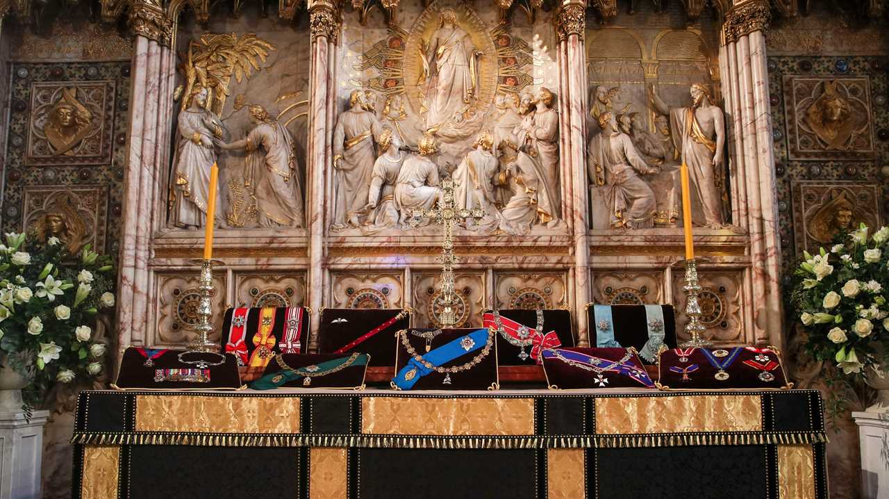 The altar inside St George's Chapel shows the Duke's insignia and medals