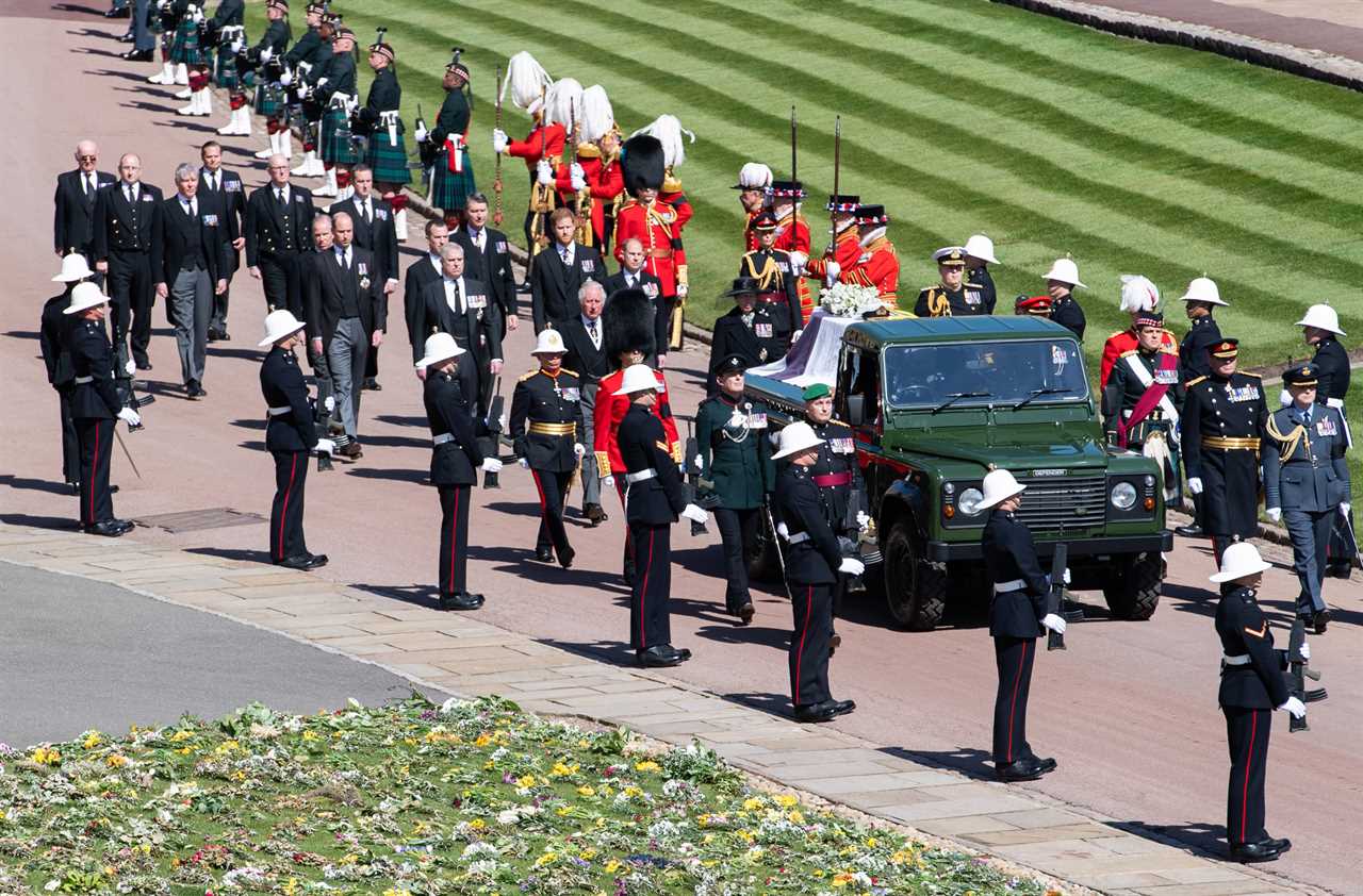 Prince Harry walked feet away from William, with Peter Phillips between them, as they processed behind the coffin
