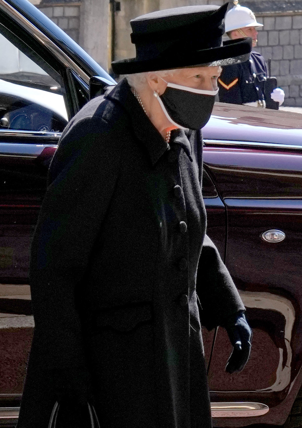 The Queen pictured wearing all black for her husband's funeral on April 17