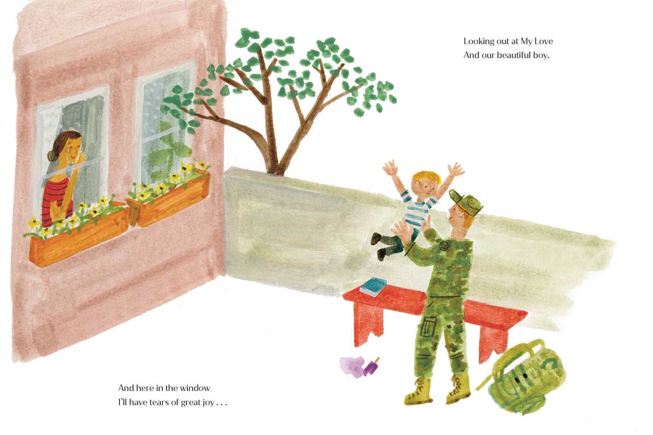 One of the images from the book shows a dad in military uniform playing with his son