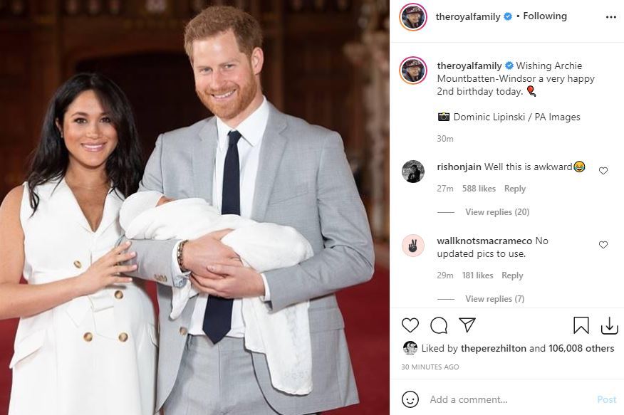 The Queen's message was posted next to this picture of Harry, Meghan and Archie as a baby