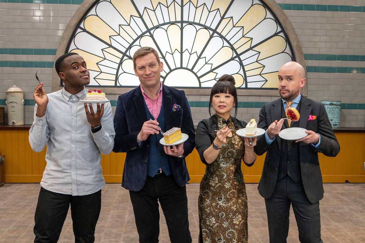 Bake Off: The Professionals judges Cherish Finden and Benoit Blin with presenters Liam Charles and Tom Allen