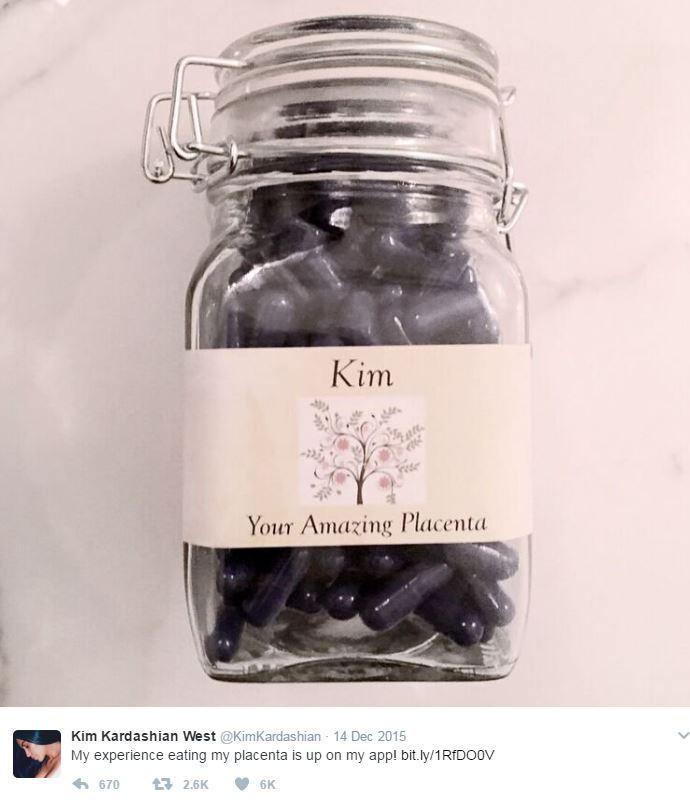 Kim Kardashian tweeted that she was taking placenta pills