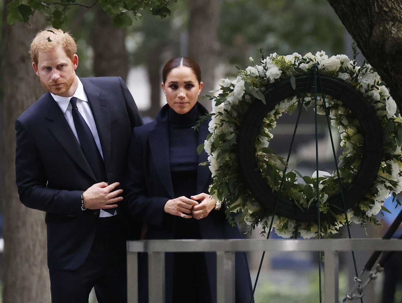 The Duke and Duchess of Sussex pay their respects at a wreath at the 9/11 Memorial and Museum