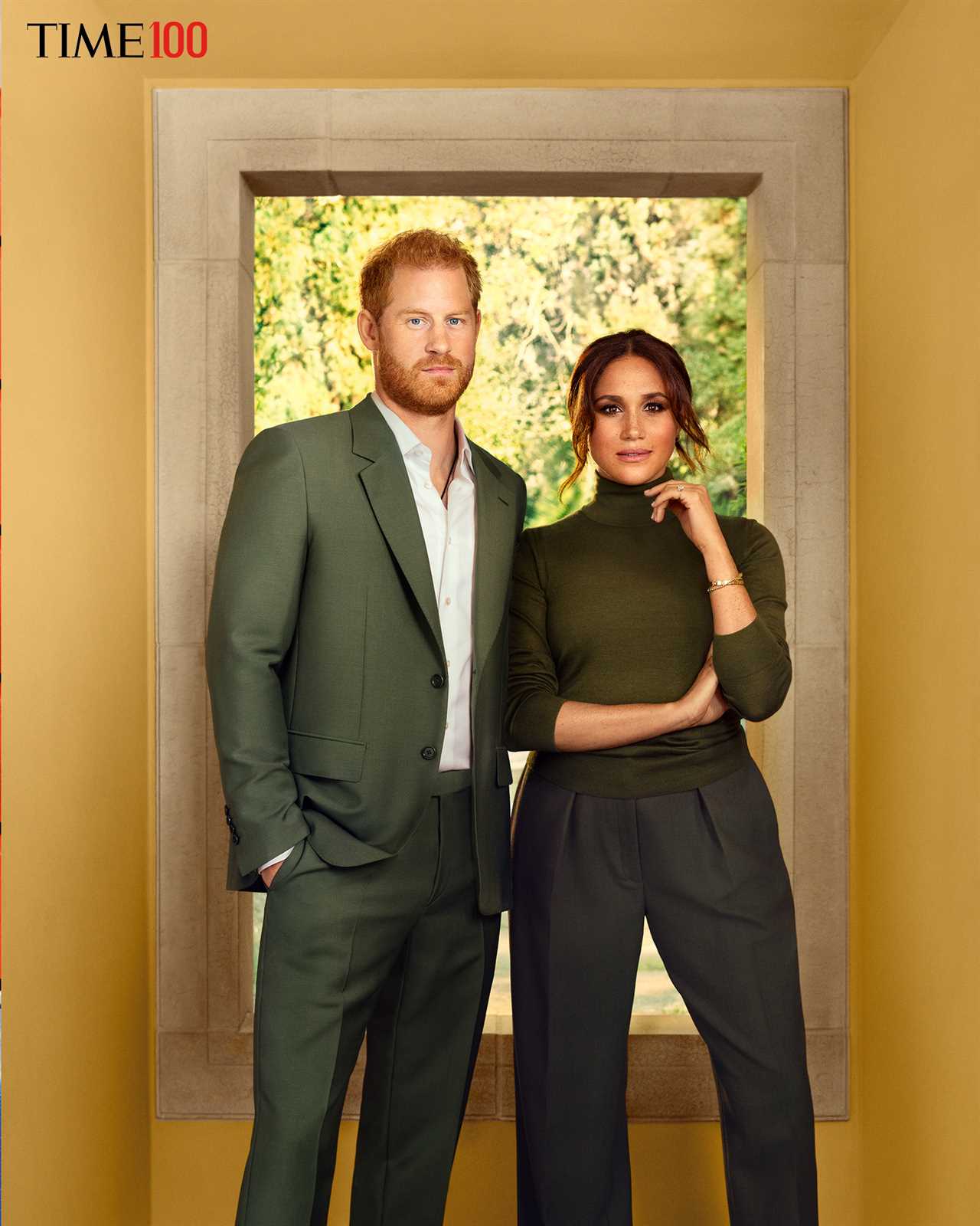 Meghan and Harry posed in matching green ensembles for the profile