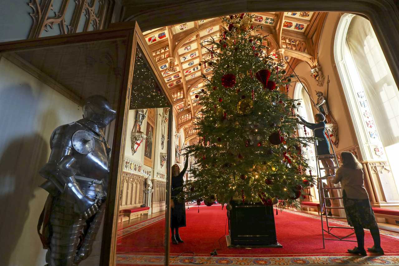  A Royal Collection Trust member of staff puts the finishing touches to a 20ft Nordmann fir tree,  sourced from the Windsor Great Park