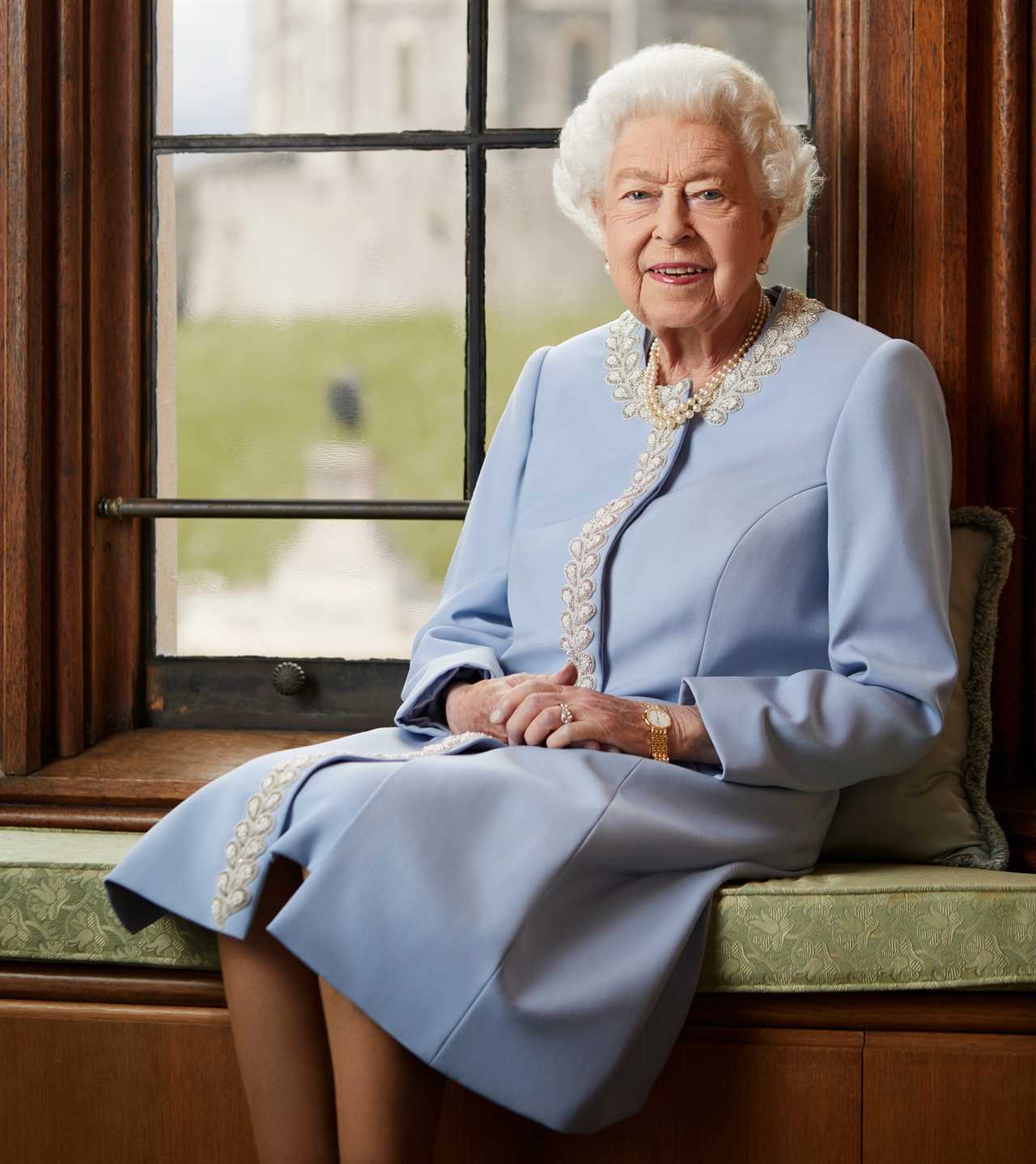 The Queen, 96, was pictured wearing an Angela Kelly coat and dress embellished with pearl and diamante trim to mark the milestone Jubilee