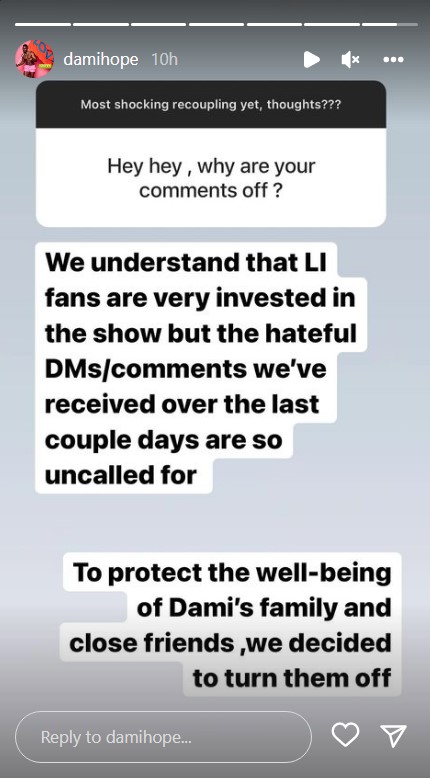 Dami's social media team have turned off the comments