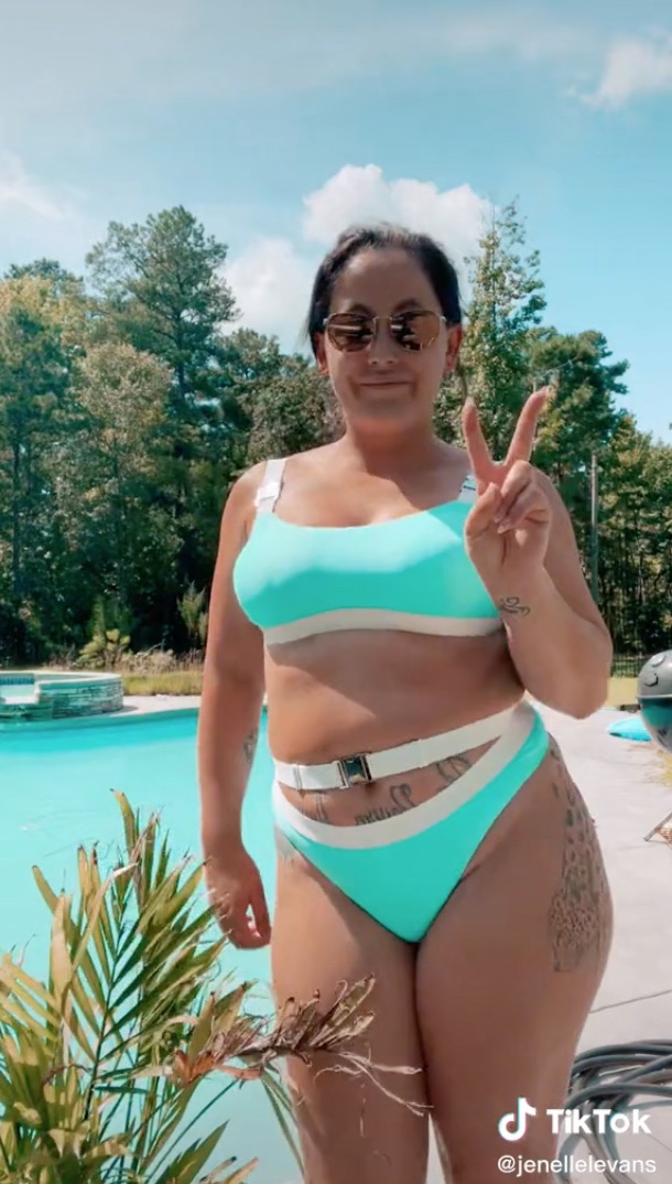 Teen Mom Jenelle Evans flaunts curves and giant thigh tattoo in neon bikini on TikTok after sharing ‘inappropriate’ pic