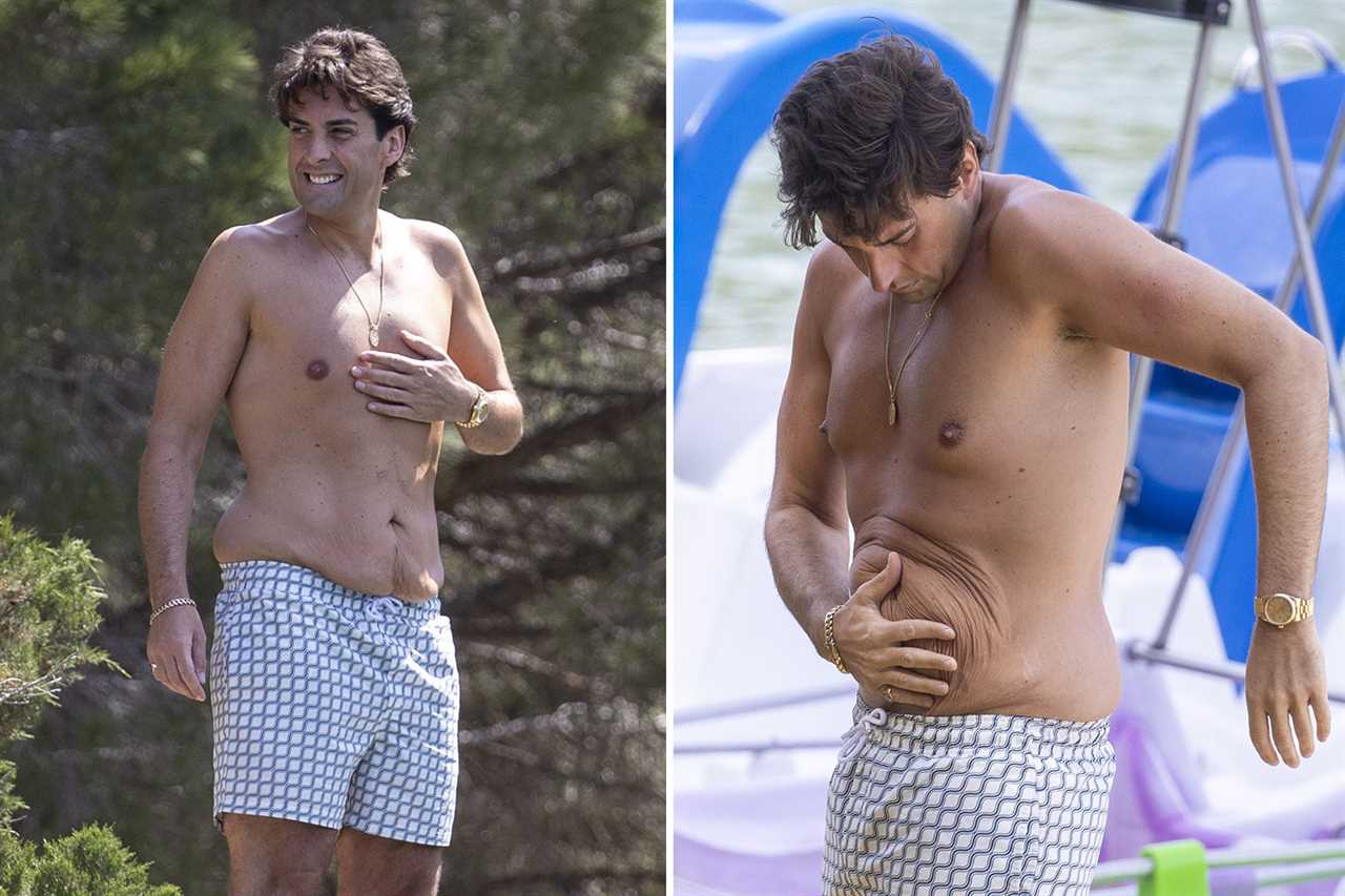 Shirtless James Argent shows off 14st weight loss in swimming trunks as he takes a dip in Marbella