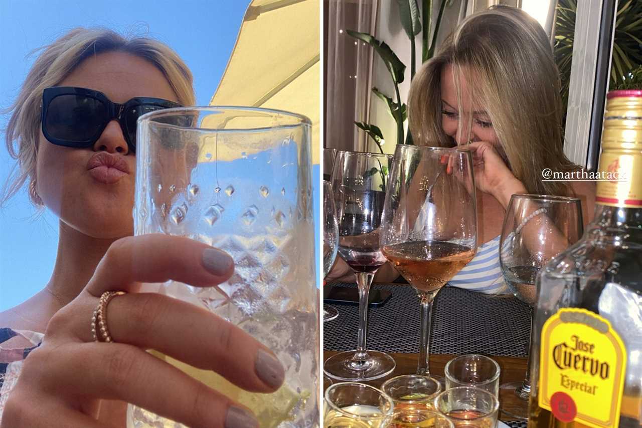 Emily Atack drinks cocktails in plunging dress after hitting the beach on holiday