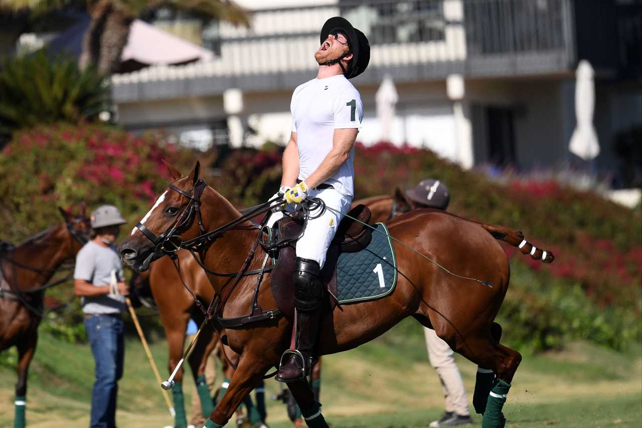 Jubilant Prince Harry lifts trophy after winning polo title with team in charity tournament where he scored hattrick