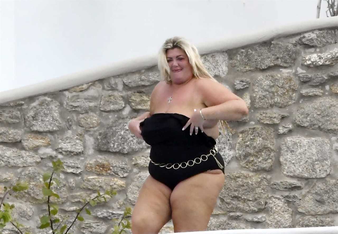 Gemma Collins adjusts her swimsuit and she puts on a sexy show for boyfriend Rami on holiday in Mykonos