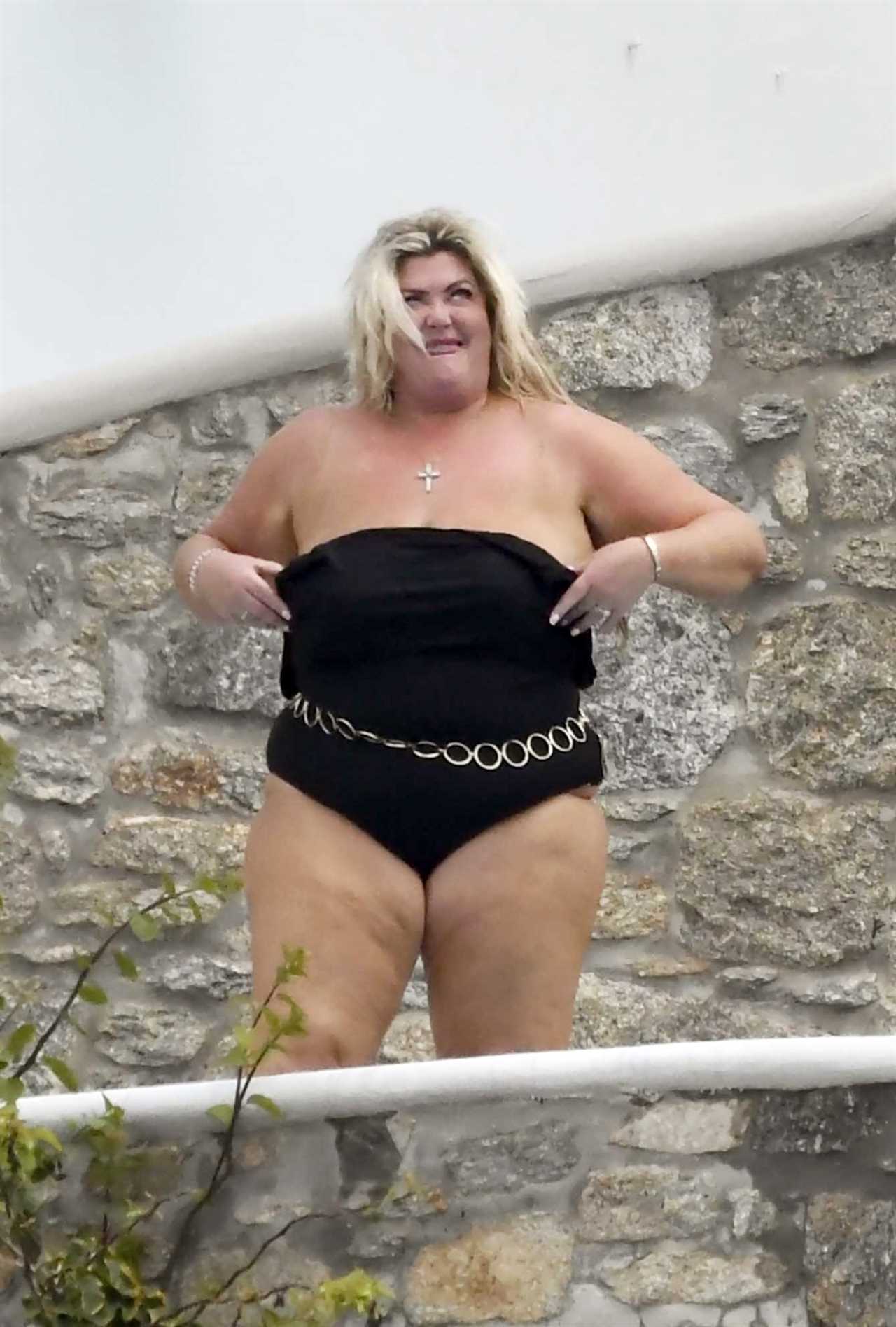 Gemma Collins adjusts her swimsuit and she puts on a sexy show for boyfriend Rami on holiday in Mykonos