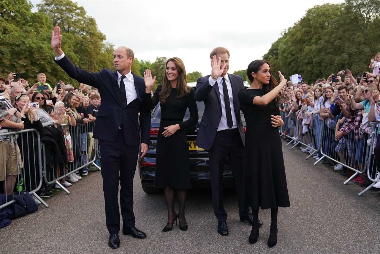 Harry and Meghan were joined by William and Kate as they greeted well-wishers outside Windsor Castle this afternoon 