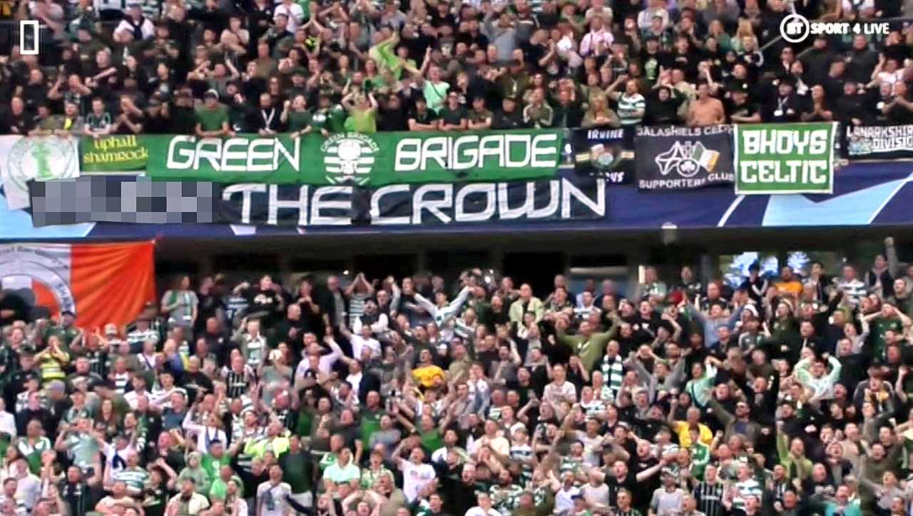 Celtic fans display massive ‘f*** the crown’ banner as players wear black armbands in tribute to The Queen