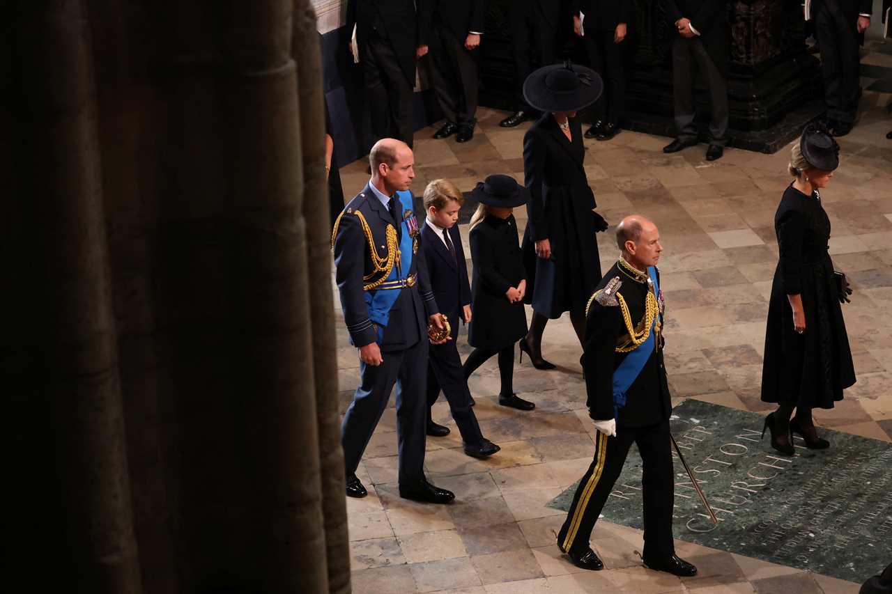 Prince George, 9, and Princess Charlotte, 7, walk beside William and Kate as they enter Abbey for Queen’s funeral