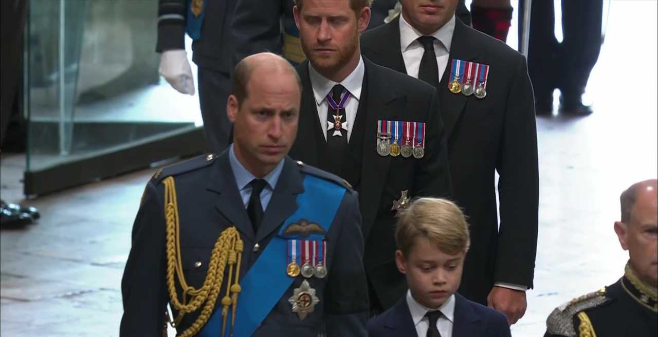 Prince George, 9, and Princess Charlotte, 7, walk beside William and Kate as they enter Abbey for Queen’s funeral