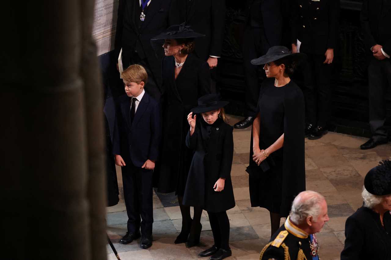 Prince George, 9, and Princess Charlotte, 7, walk beside William and Kate as they enter Abbey for Queen’s funeral