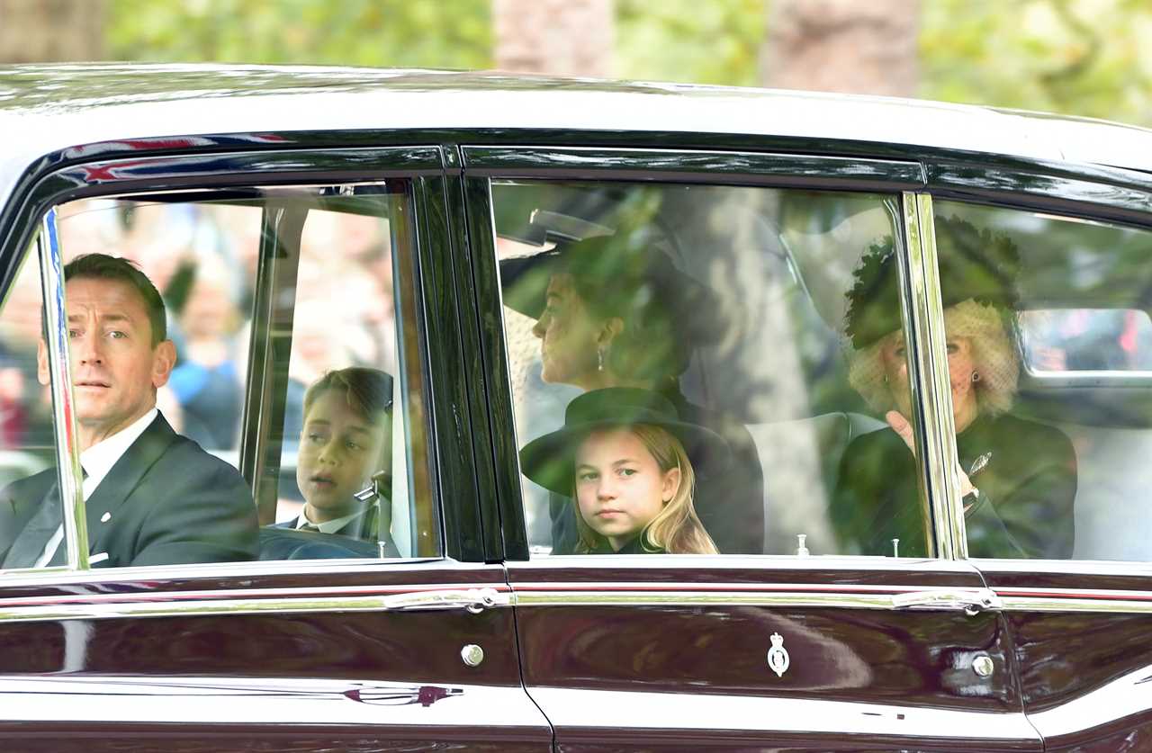 Prince George, 9, and Princess Charlotte, 7, walk beside William and Kate as they enter Abbey for Queen’s funeral