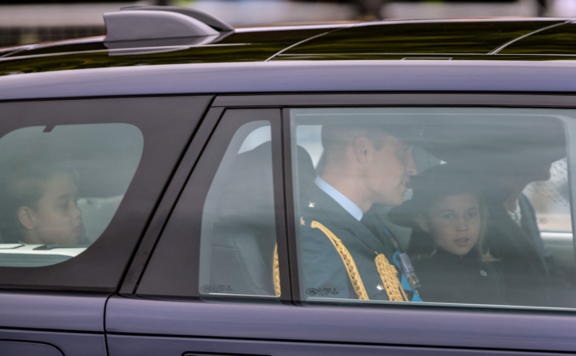 Prince George, 9, and Princess Charlotte, 7, walk beside William and Kate as they enter Abbey for Queen’s funeral