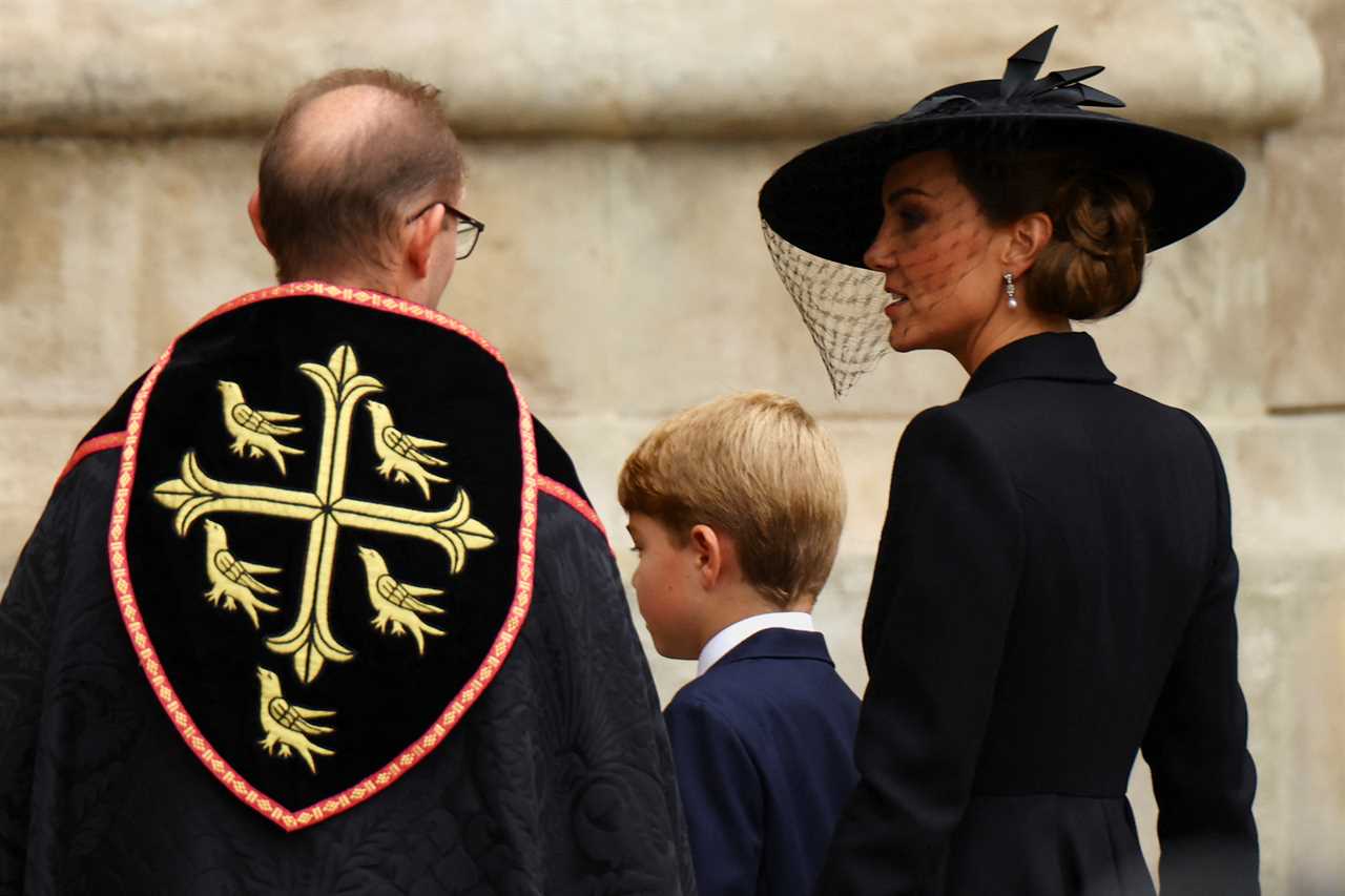 Prince George, 9, and Princess Charlotte, 7, walk beside William and Kate as they enter Abbey for Queen’s funeral