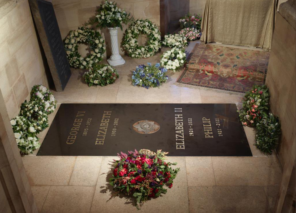 The Queen’s final resting place alongside Prince Philip pictured as their names are carved on Windsor chapel tombstone