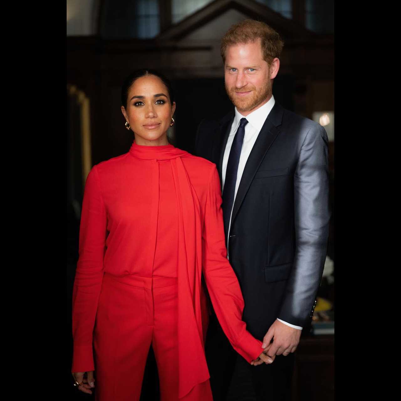 Prince Harry and Meghan hold hands in new official portraits taken during visit to Britain