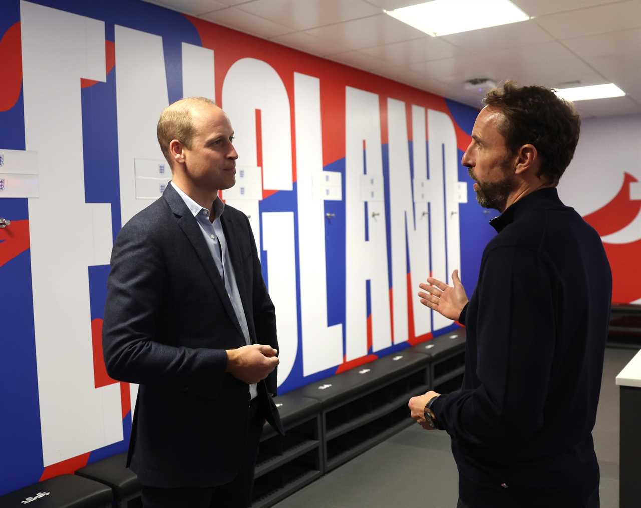 Prince William discusses tactics with England footie boss Gareth Southgate and casts eyes over potential future stars