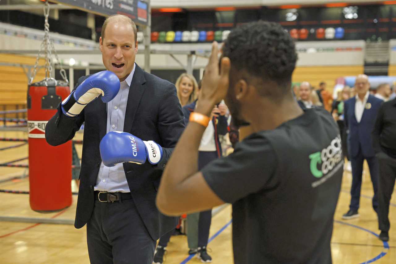 Prince William shows off his right royal hook in charity boxing session while wearing suit