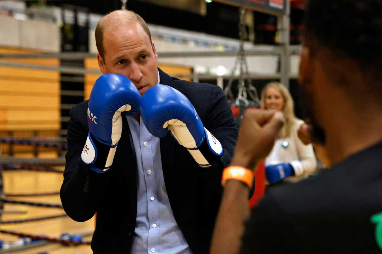 Prince William shows off his right royal hook in charity boxing session while wearing suit