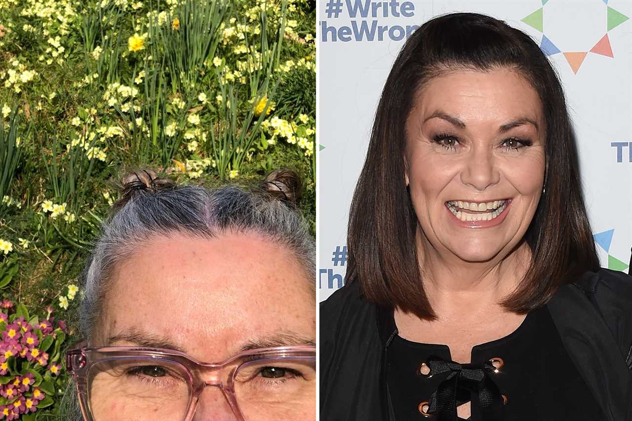 Dawn French is unrecognisable with grey fringe as she sips from rude mug