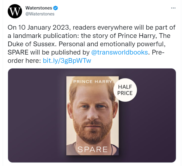 Waterstones announces that it’s selling Prince Harry’s memoir for half price already – months before it’s even released