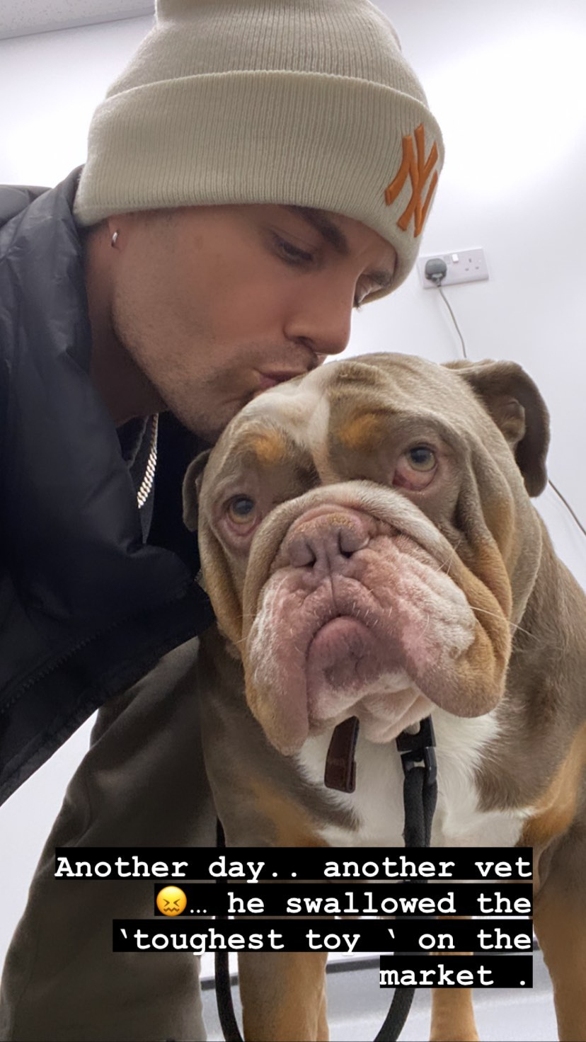 Max George rushes to vet after beloved dog swallows his toy