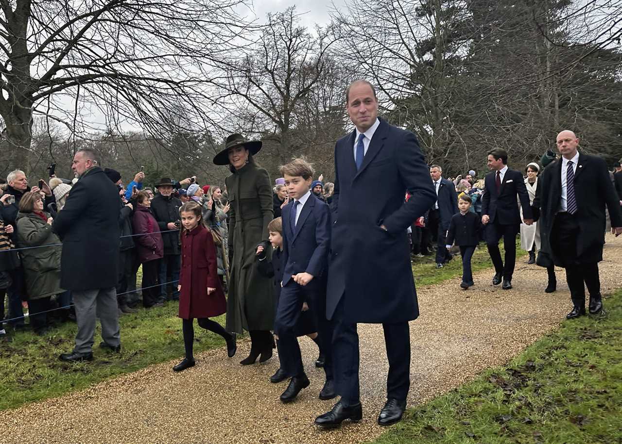 Prince William, Kate, George, Charlotte and Louis beam with festive smiles as they join King Charles on Christmas walk