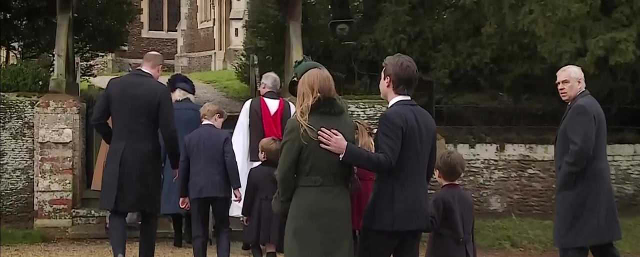 Prince William, Kate, George, Charlotte and Louis beam with festive smiles as they join King Charles on Christmas walk