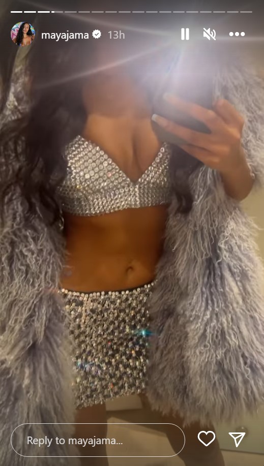 Love Island host Maya Jama looks incredible in silver jewel encrusted bra top and mini for New Year’s Eve