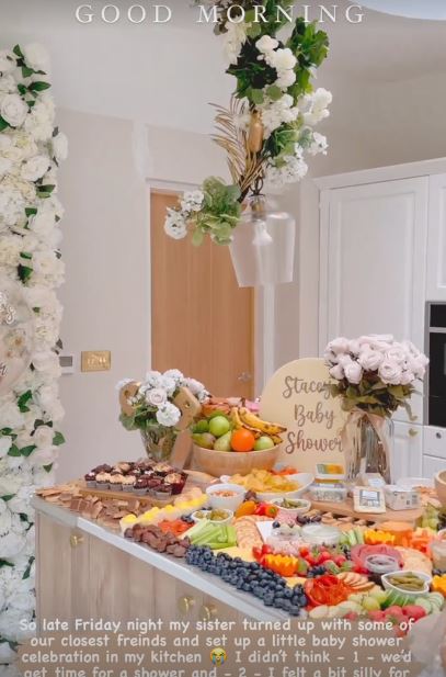 Inside Stacey Solomon’s last minute baby shower hosted in her kitchen — with flower wall, balloons and huge cake