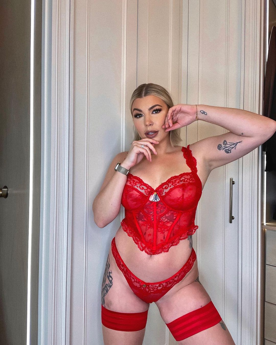 Olivia Bowen looks incredible as she poses in red lace lingerie for Valentine’s Day