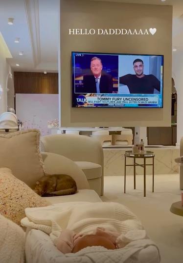 Molly-Mae and baby Bambi watch Tommy Fury being interviewed by Piers Morgan on TalkTV