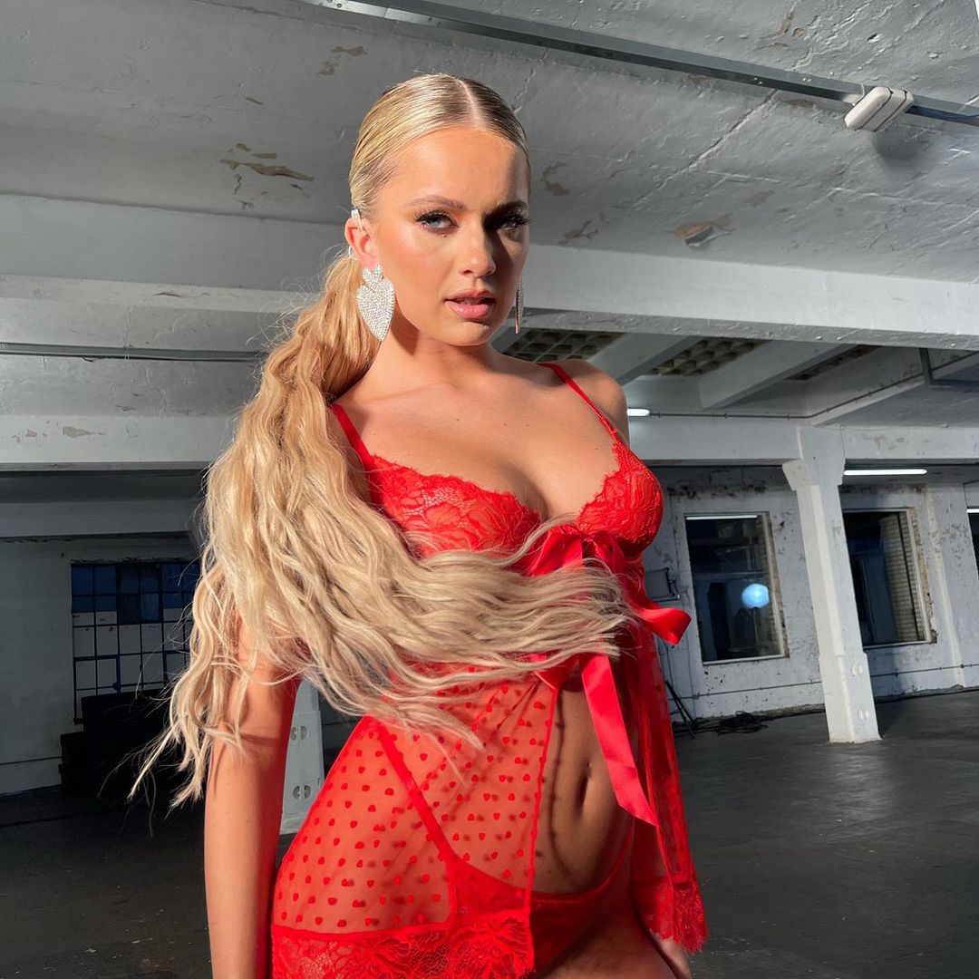 Love Island’s Tasha Ghouri shows off her figure in lacy red underwear
