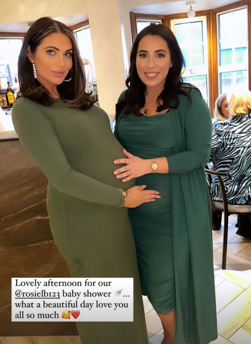 Towie’s Amy Childs shows off huge baby bump in skintight dress at baby shower