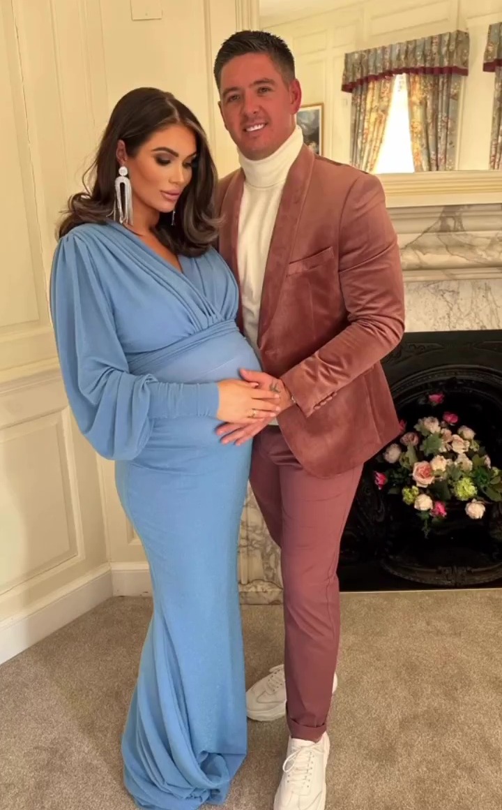 Towie’s Amy Childs shows off huge baby bump in skintight dress at baby shower