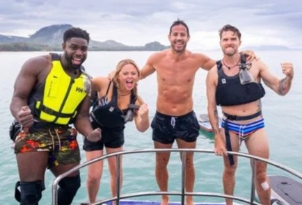 Masked Singer host Joel Dommett and Jamie Redknapp pose topless with Emily Atack – and they’re both ripped