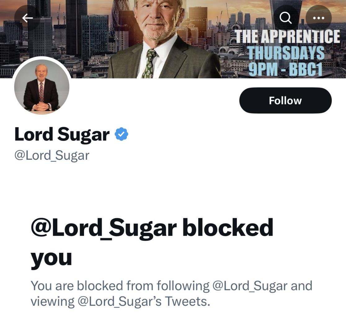 Huge Apprentice feud revealed as Lord Sugar is forced to block contestant on Twitter after vicious attack on show