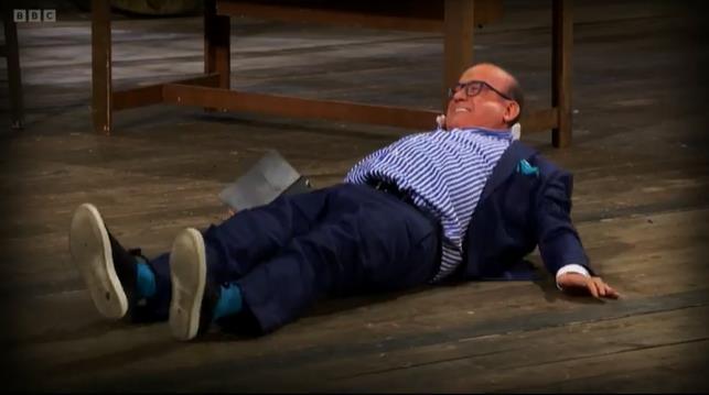 Dragons’ Den legend leaves co-stars shrieking as he falls to the ground in middle of guest’s pitch