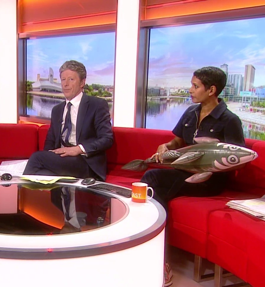 Naga Munchetty leaves Charlie Stayt looking unimpressed after hitting him with a fish live on BBC Breakfast