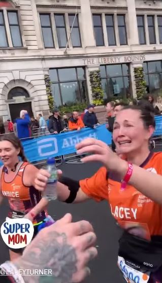 EastEnders star Lacey Turner breaks down in tears as she hugs her husband and daughter after emotional London Marathon